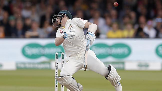 Australia’s Steve Smith is struck by a delivery from England quick Jofra Archer on day four of the second Ashes Test at Lord’s. Picture: Getty Images