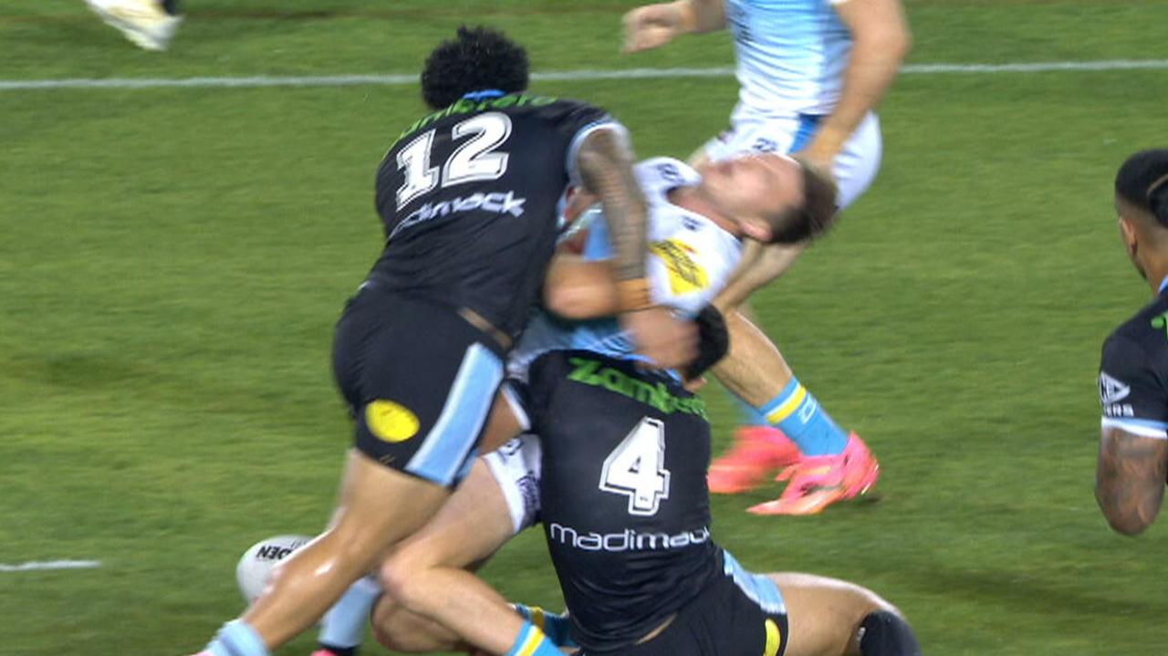 Sharks forward Siosifa Talakai faces a nervous wait after being put on report for a reckless tackle attempt on Titans hooker Sam Verrills.