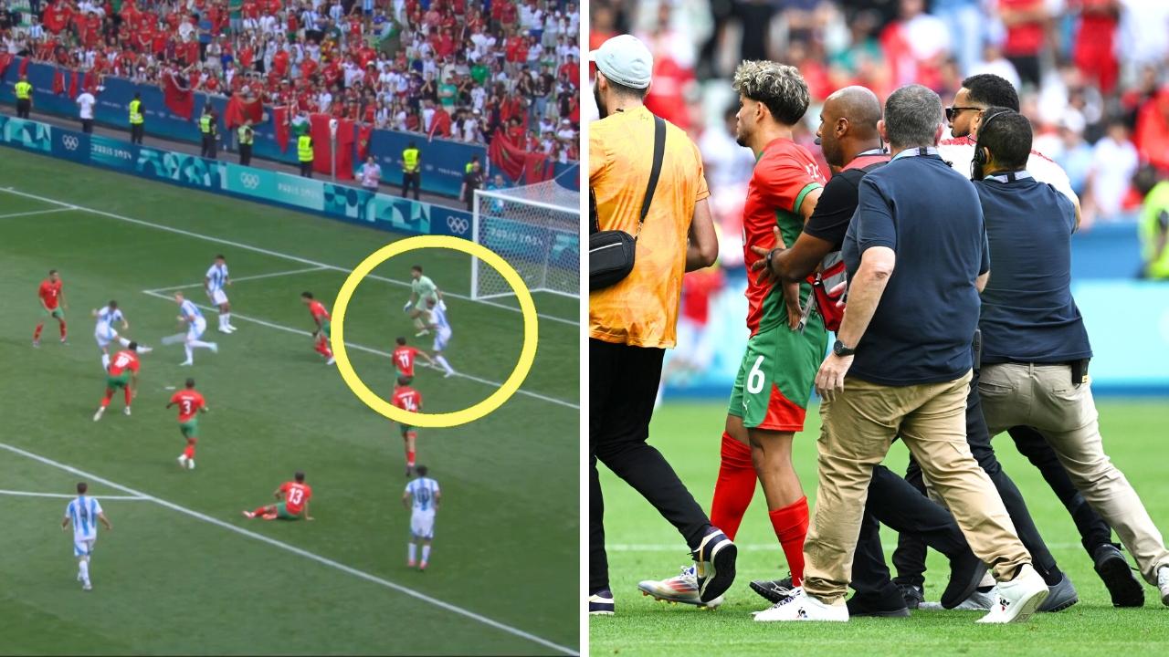 The goal was disallowed. 24: Abde Ezzalzouli of Team Morocco is followed by pitch invaders. Photo by Tullio M. Puglia/Getty Images and EuroSport.