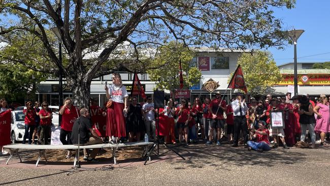 Michelle Ayres addresses the crowd during Friday’s strike in Parap.