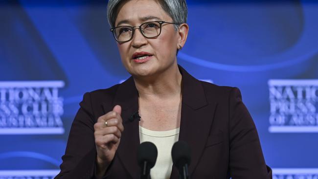 Minister for Foreign Affairs, Senator for South Australia and Leader of the Government in the Senate, Penny Wong, addresses the National Press Club in Canberra. Picture: NCA NewsWire / Martin Ollman