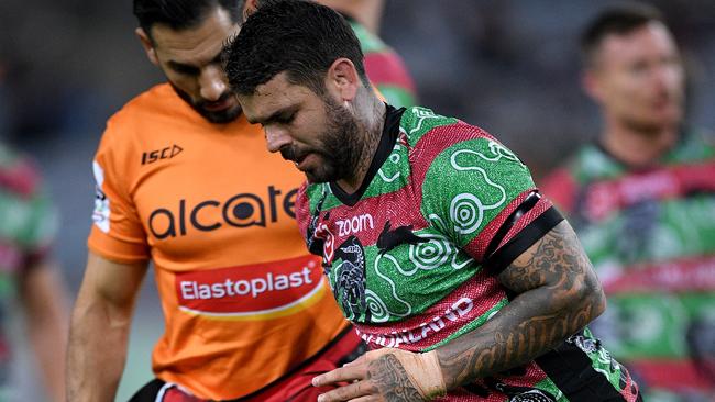 Adam Reynolds injured his leg in the Rabbitohs’ clash with Wests Tigers. Picture: AAP