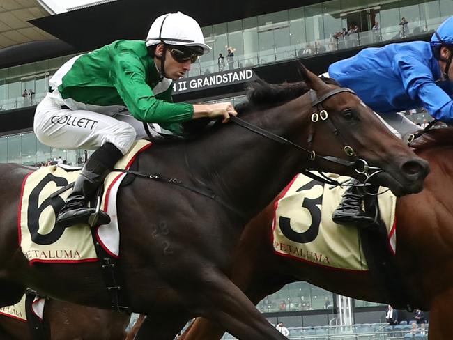 SYDNEY, AUSTRALIA - MARCH 08: James McDonald riding Tempted win Race 3 Petaluma Riesling Stakes during Sydney Racing at Royal Randwick Racecourse on March 08, 2025 in Sydney, Australia. (Photo by Jeremy Ng/Getty Images)