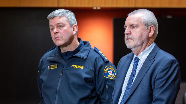 Kingston, Tasmania. Monday 16th October 2023. Kingston Division Police Inspector Colin Riley and Kingborough council general manager, Gary Arnold speak to media after a fatal dog attack at Allens Rivulet in the South of the State. One man died of his injuries and a woman is in a stable condition in the Royal Hobart Hospital. Picture: Linda Higginson