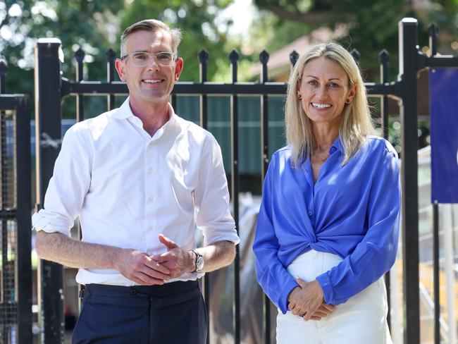 Premier Dominic Perrottet (left) with Liberal Coogee candidate Kyle von Muenster in Clovelly. Picture: Toby Zerna