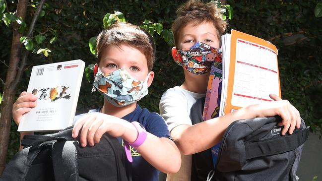 Alex, 5, and Xavier, 9, are preparing for the reopening of schools. Picture: Josie Hayden