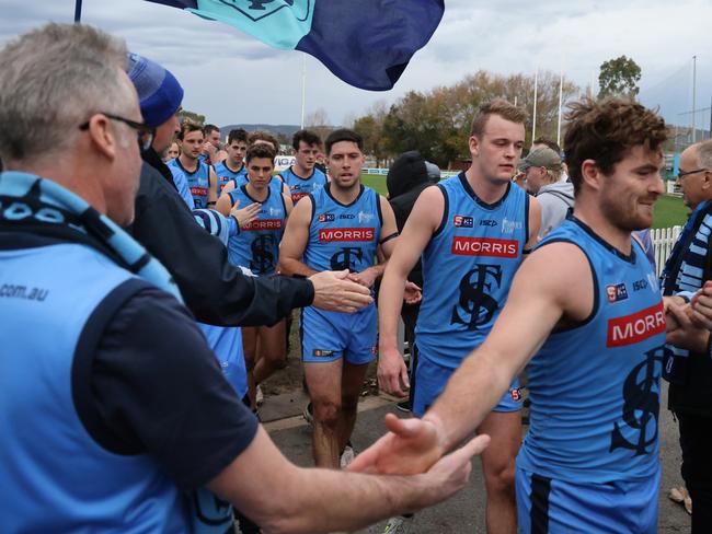 Sturt players walk from the field after winning the Round 8 SANFL match between Sturt FC and West Adelaide at Unley Oval in Adelaide, Sunday, June 4, 2023. (SANFL Image/David Mariuz)