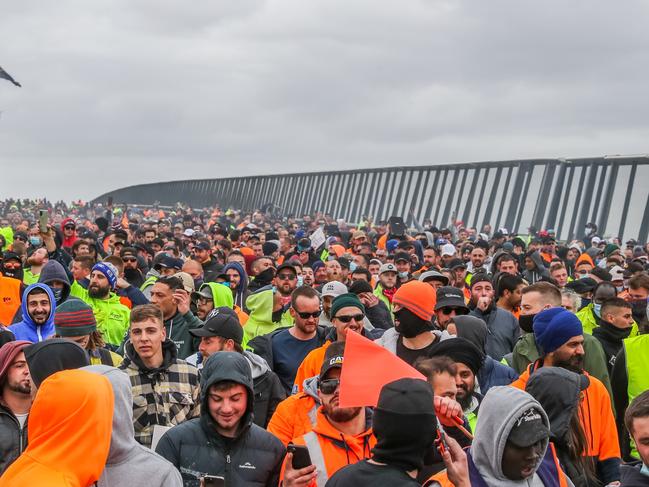 CFMEU protesters marching over Melbourne’s Westgate Bridge in opposition to mandatory Covid vaccinations and lockdowns. Picture: Getty