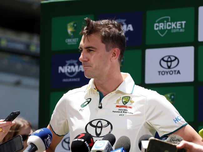 Pat Cummins addresses the media before the first Test of the summer. Picture: Paul Kane/Getty Images