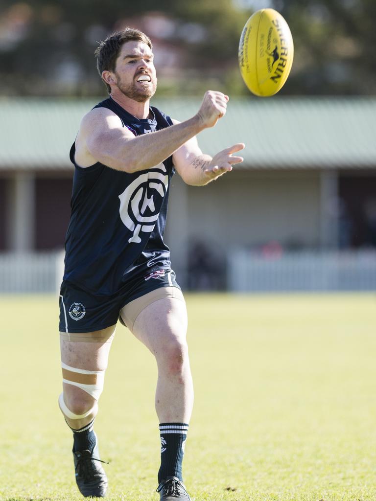 Michael Bailey of Coolaroo against Goondiwindi Hawks in AFL Darling Downs Allied Cup senior men grand final at Rockville Park, Saturday, September 2, 2023. Picture: Kevin Farmer