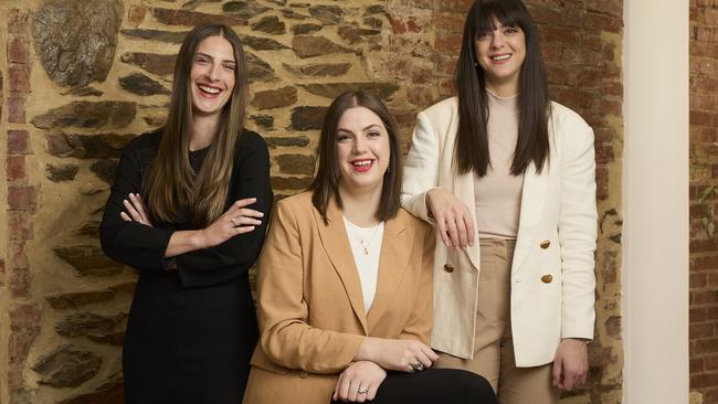 Erica Panagakos (centre) with colleagues Claire Lesiuk and Alysia Panagakos, who are each aged under 35 and considered rising stars in the family law space. Picture: Matt Loxton