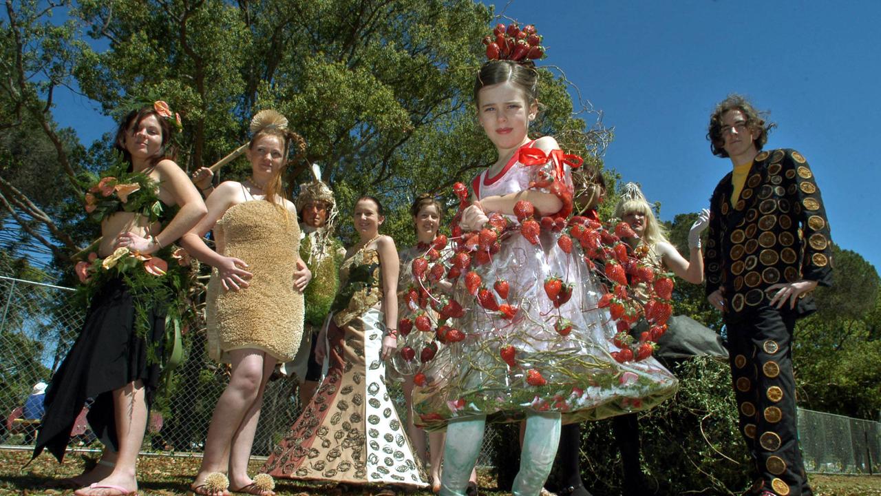 Wearable Art – Visual Arts students from the University of Southern Queensland designed clothing using organic items such as vegetables and fruit to create outfits. These outfits were exhibited at the Ergon Energy Food and Wine Festival in Queens Park (Carnival of Flowers). Picture: David Martinelli.