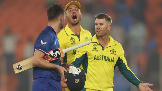 Mark Wood interacts with David Warner after his dismissal during England’s failed run chase. Picture: Getty Images