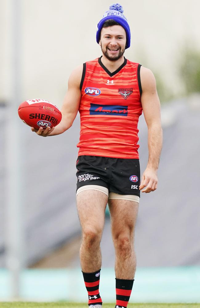 Conor McKenna of the Bombers stretches during an Essendon Bombers AFL training session at The Hangar on June 2. Picture: AAP