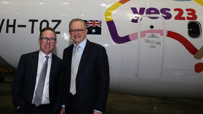 Prime Minister Anthony Albanese and Qantas CEO Alan Joyce attend the launch of the Qantas 'Yes' Campaign. Picture: NCA Newswire / Gaye Gerard