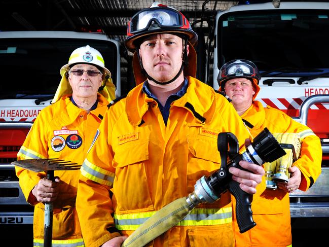 Alan Brinkworth (left) has been a volunteer bush firefighter since 1972. he ended up being the State Operations Manager for the NSW Rural Fire Service. He is pictured with Sean Blunt, and Raymond Doguid. Picture: Braden Fastier