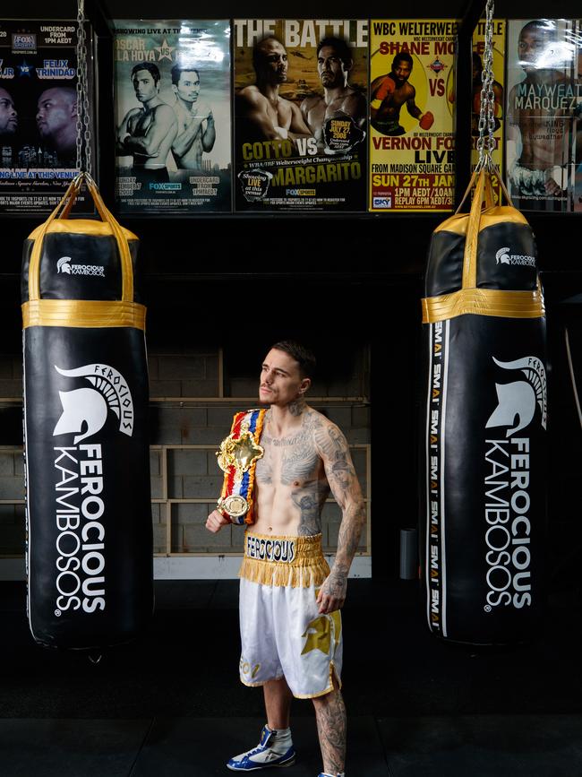 DAILY TELEGRAPH 12TH APRIL 2022 Photo of Boxing Champ George Kambosos is unveiling his gym for us before he goes into camp for his world title fight. Photo: Tim Pascoe