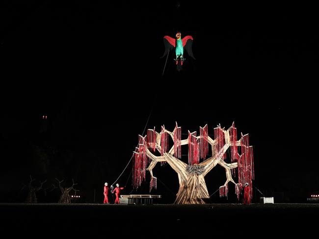 The Swift Parrott Ogoh Ogoh is placed into position for the burning at Macquarie Point. Picture: LUKE BOWDEN