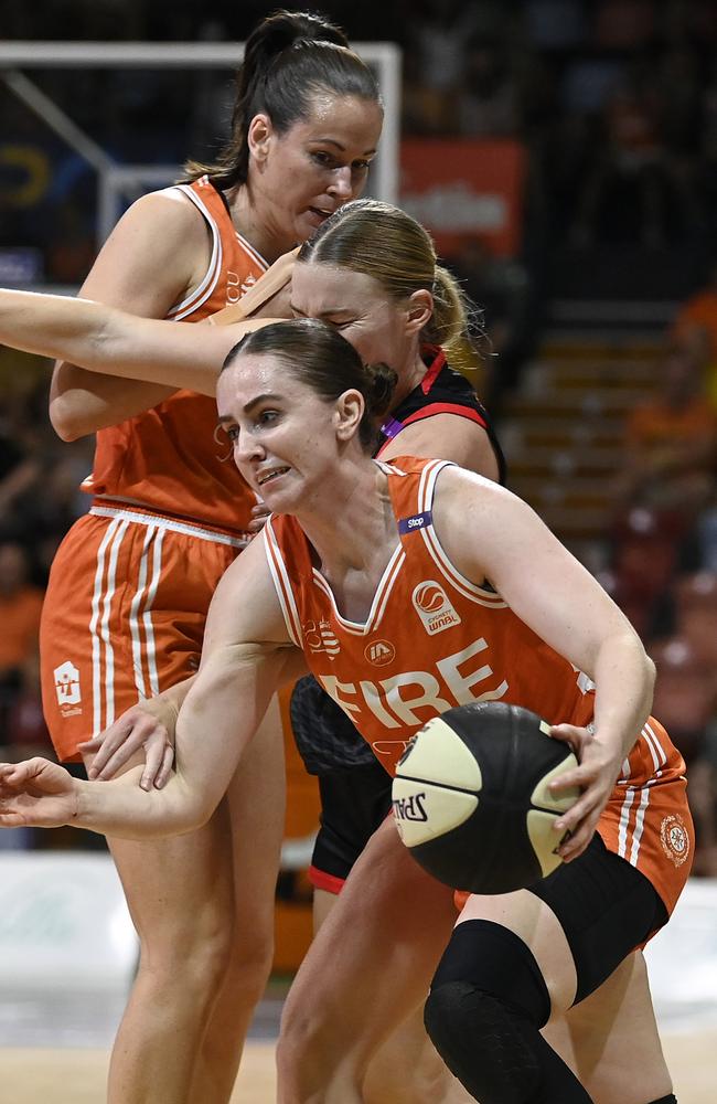 Courtney Woods of the Fire drives to the basket during game two of the WNBL Semi Final series between Townsville Fire and Perth Lynx at Townsville Entertainment Centre, on February 26, 2025, in Townsville, Australia. (Photo by Ian Hitchcock/Getty Images)