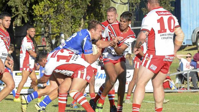 Dylan Collett pushes through the defensive line during the Group 2 Battle of the River local derby between the Grafton Ghosts and South Grafton Rebels at Frank McGuren Field. Picture: Matthew Elkerton