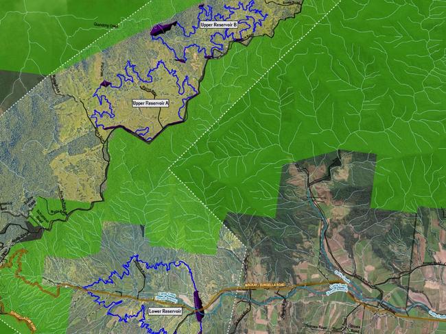 A more detailed map showing the three reservoirs and affected properties for the proposed Pioneer-Burdekin pumped hydro scheme. Picture: Queensland Hydro