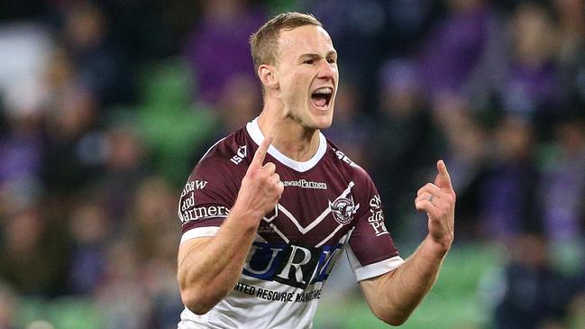 Daly Cherry-Evans of the Sea Eagles celebrates after kicking the winning drop goal during the Round 19 NRL match between the Melbourne Storm and the Manly Sea Eagles at AAMI Park in Melbourne, Saturday, July 27, 2019. (AAP Image/Hamish Blair) NO ARCHIVING, EDITORIAL USE ONLY