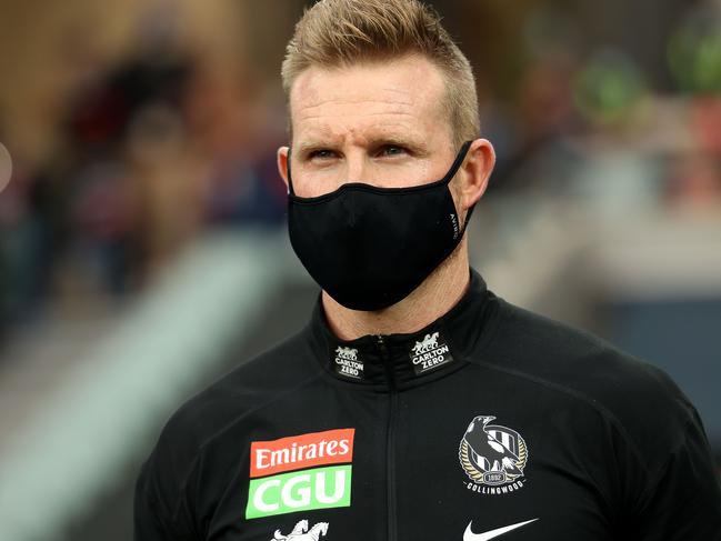 ADELAIDE, AUSTRALIA - JUNE 05: Senior coach Nathan Buckley of the Magpies looks on during the 2021 AFL Round 12 match between the Adelaide Crows and the Collingwood Magpies at Adelaide Oval on June 5, 2021 in Adelaide, Australia. (Photo by James Elsby/AFL Photos via Getty Images)