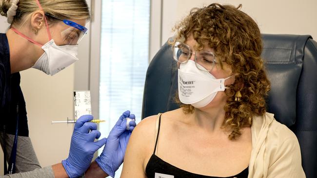 Trial nurse Hayley gives Jennifer a vaccination. Picture: Supplied