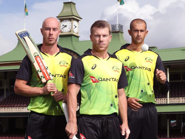 Chris Lynn, Dave Warner and Ashton Agar ahead of the first T20 international between Australia and New Zealand at the SCG. Picture: David Swift.