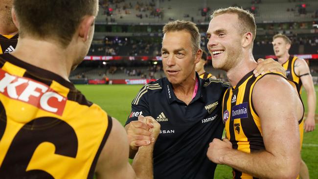 Alastair Clarkson with Tom Mitchell after the Round 1 win over the Bombers. Picture: Michael Willson/AFL Photos via Getty Images