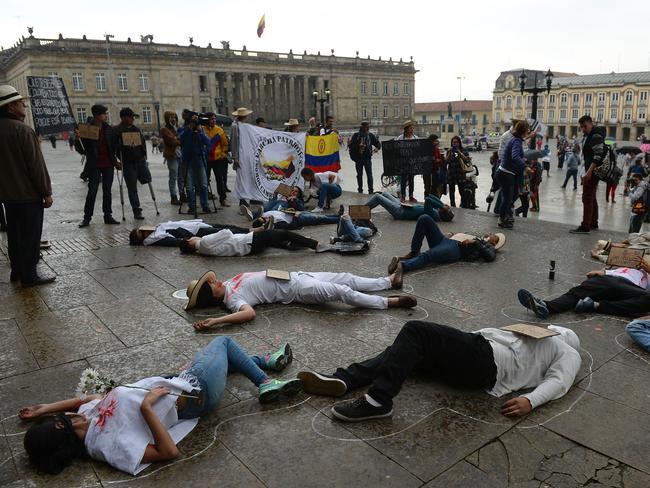 Colombian activists and victims of conflict perform during the commemoration of the Day of Memory and Solidarity in Bogota. Picture: AFP