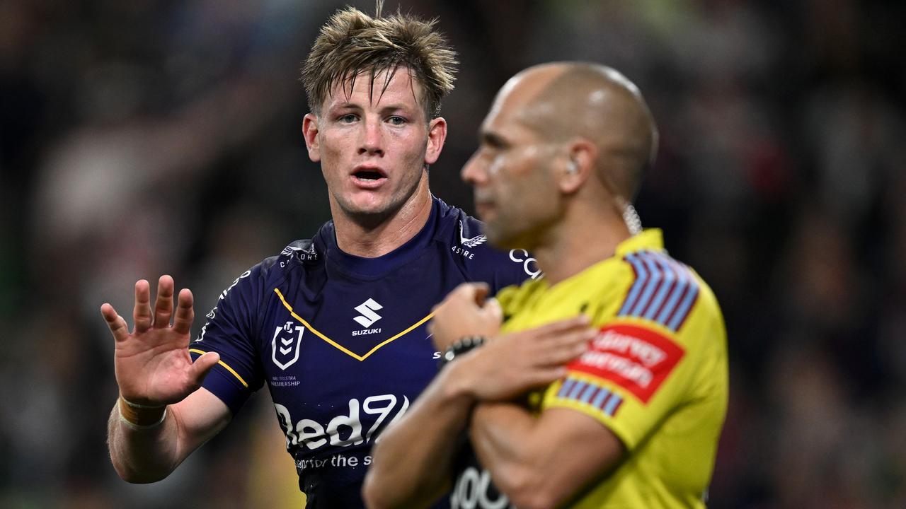 (L-R) Harry Grant of the STorm talks to Ashley Klein. Picture: NRL Imagers