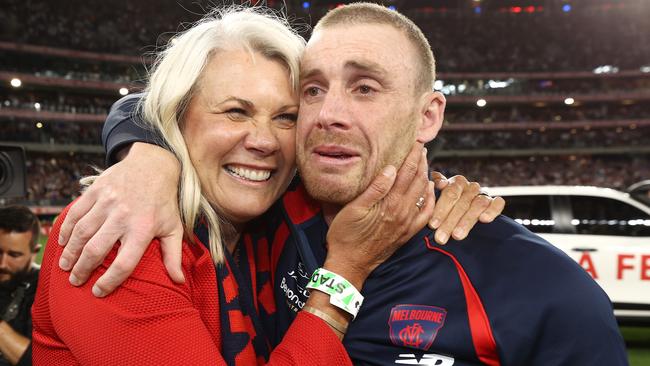 Demons president Kate Roffey with an emotional Goodwin after their win in Perth. Picture: Michael Klein