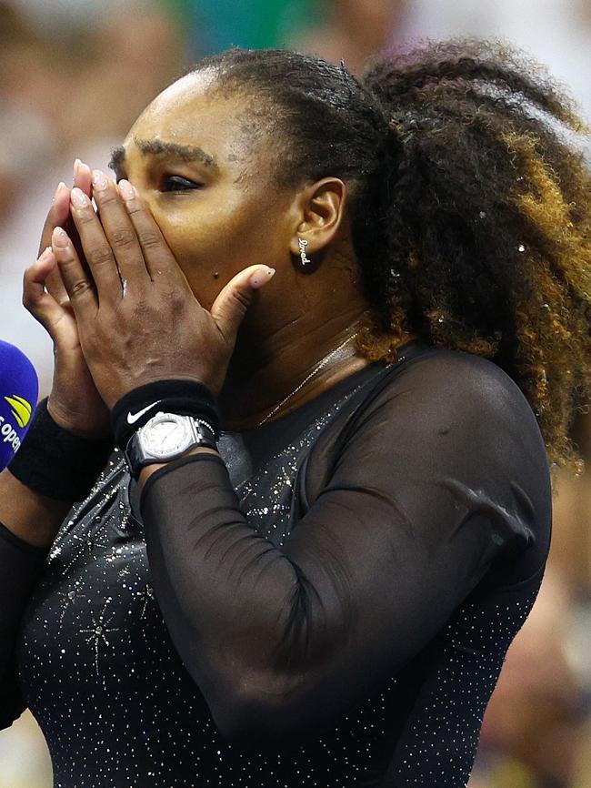 An emotional Serena Williams after losing to Ajla Tomljanovic at the US Open.