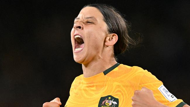 Sam Kerr celebrates her incredible World Cup semi-final goal against England.