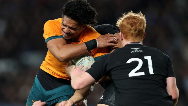 Pete Samu is tackled as the All Blacks steamrolled the Australians 40-14. Picture: Phil Walter/Getty Images