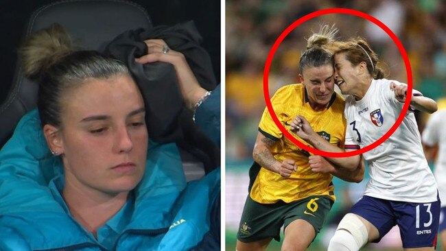 The heavy contact and Logarzo on the bench afterwards. Photos: Channel 10/Getty Images