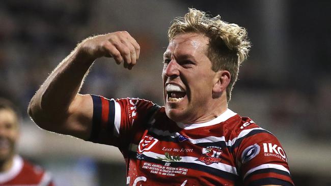 Mitch Aubusson celebrates a try for the Roosters. Picture: Phil Hillyard