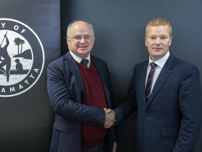 Lord Mayor Andrew Wilson and Mr Stapleton in happier times. The appointment of CEO was made in July, with an 8-7 split vote by the councillors. Picture: City of Parramatta