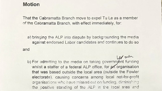 The Cabramatta ALP branch motion to expel Ms Le from the party.