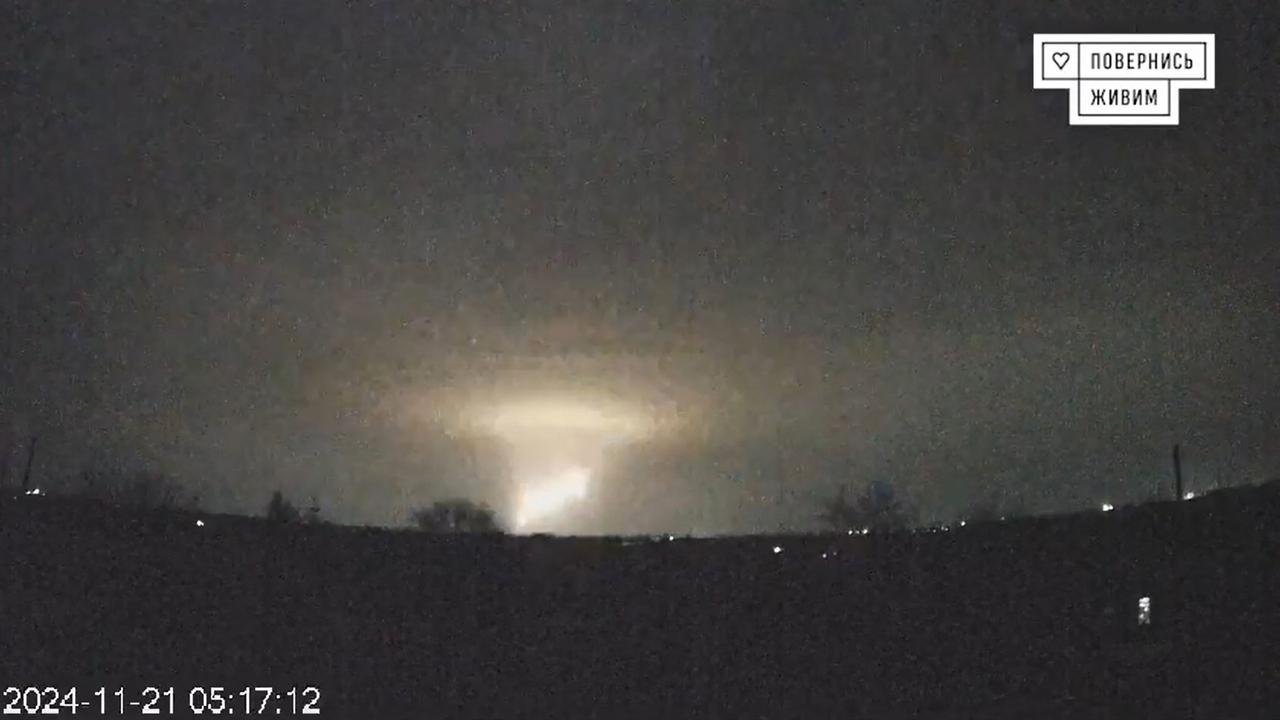 A grab taken from footage released online on November 21, 2024 by the Ukrainian charity "Come Back Alive" shows flashes over the Ukrainian city of Dnipro. Kyiv accused Russia of launching an intercontinental ballistic missile attack at Ukraine for the first time on November 21, 2024 but without a nuclear warhead in a new escalation of the conflict. (AFP)