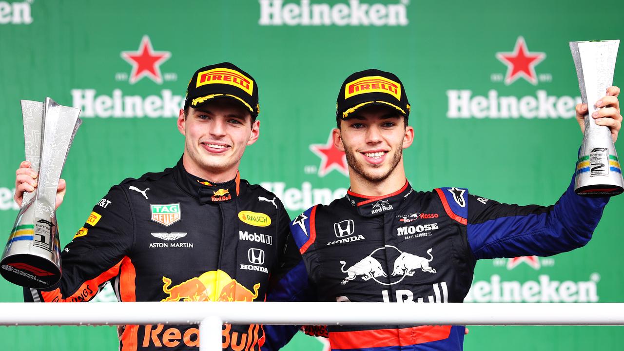 Winner Max Verstappen and second placed Pierre Gasly on the Brazil podium. Picture: Mark Thompson
