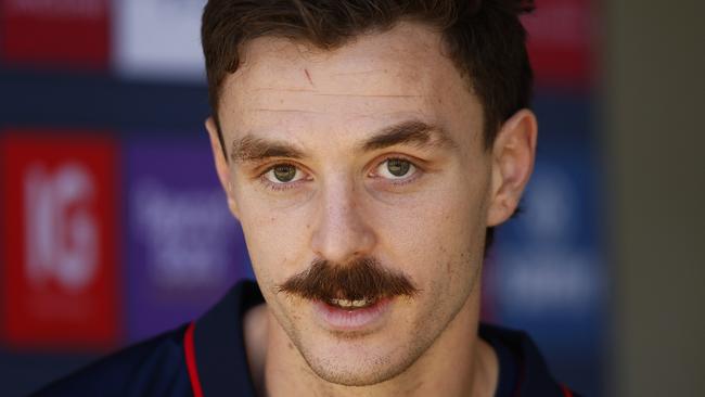 MELBOURNE, AUSTRALIA - MAY 23: Jake Lever of the Demons speaks to the media during a Narrm / Melbourne Demons AFL training session at Olympic Park on May 23, 2022 in Melbourne, Australia. (Photo by Daniel Pockett/Getty Images)