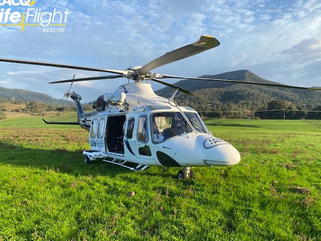 An RACQ Lifeflight Rescue chopper at the scene of an incident between a man and bull at Kenilworth on July 30, 2022.