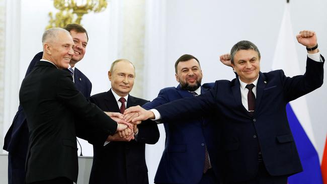 The Moscow-appointed heads of the annexed regions of Ukraine. Picture: AFP