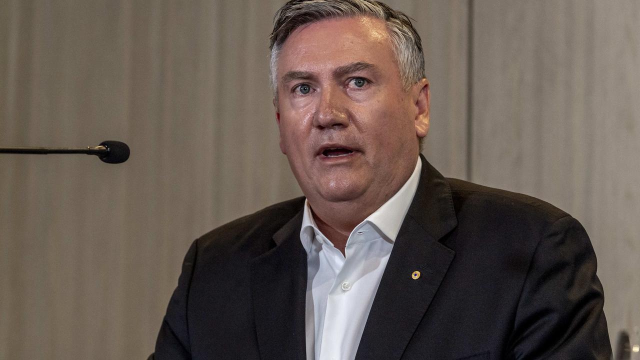 Eddie McGuire speaking to the media after the Do Better report. Picture: Jake Nowakowski