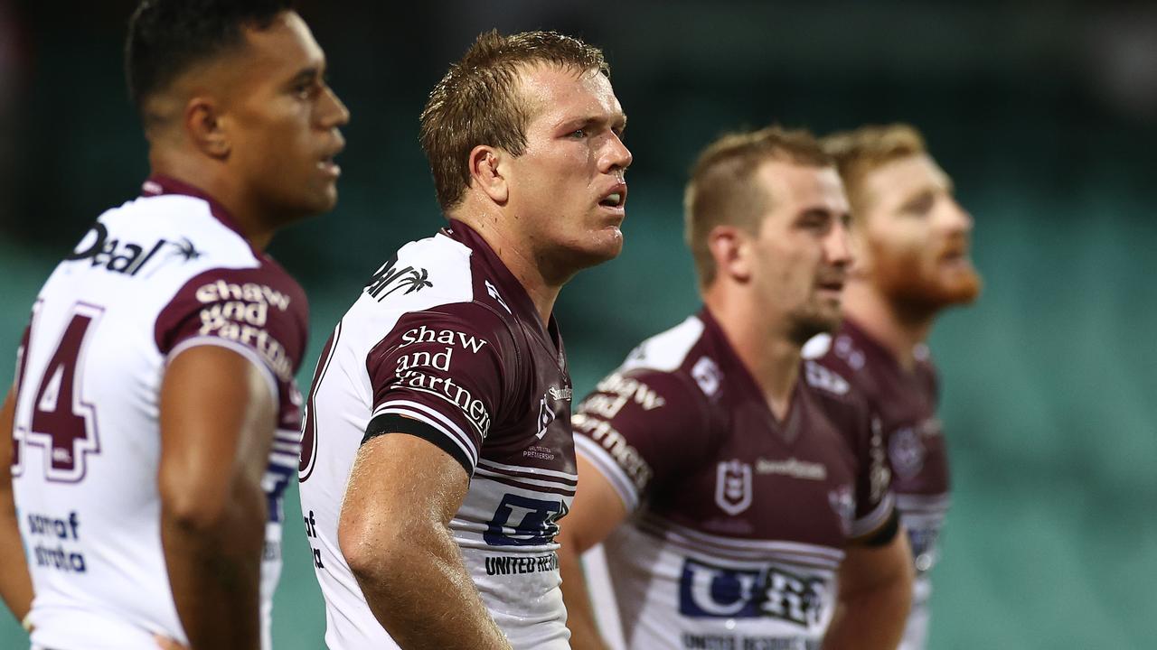 Jake Trbojevic of the Sea Eagles looks on after a Roosters try.