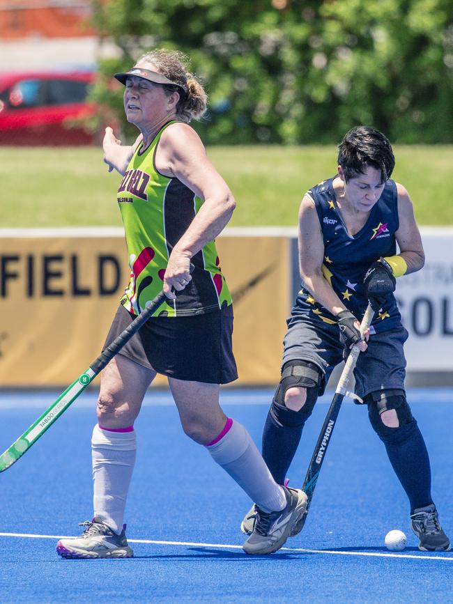 Action in the Pan Pacific Masters Games Hockey tournament. Picture: Glenn Campbell