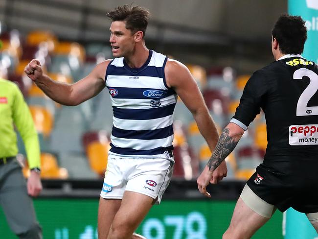 BRISBANE, AUSTRALIA - AUGUST 10: Tom Hawkins of the Cats celebrates a goal during the round 11 AFL match between the St Kilda Saints and the Geelong Cats at The Gabba on August 10, 2020 in Brisbane, Australia. (Photo by Jono Searle/AFL Photos/via Getty Images)