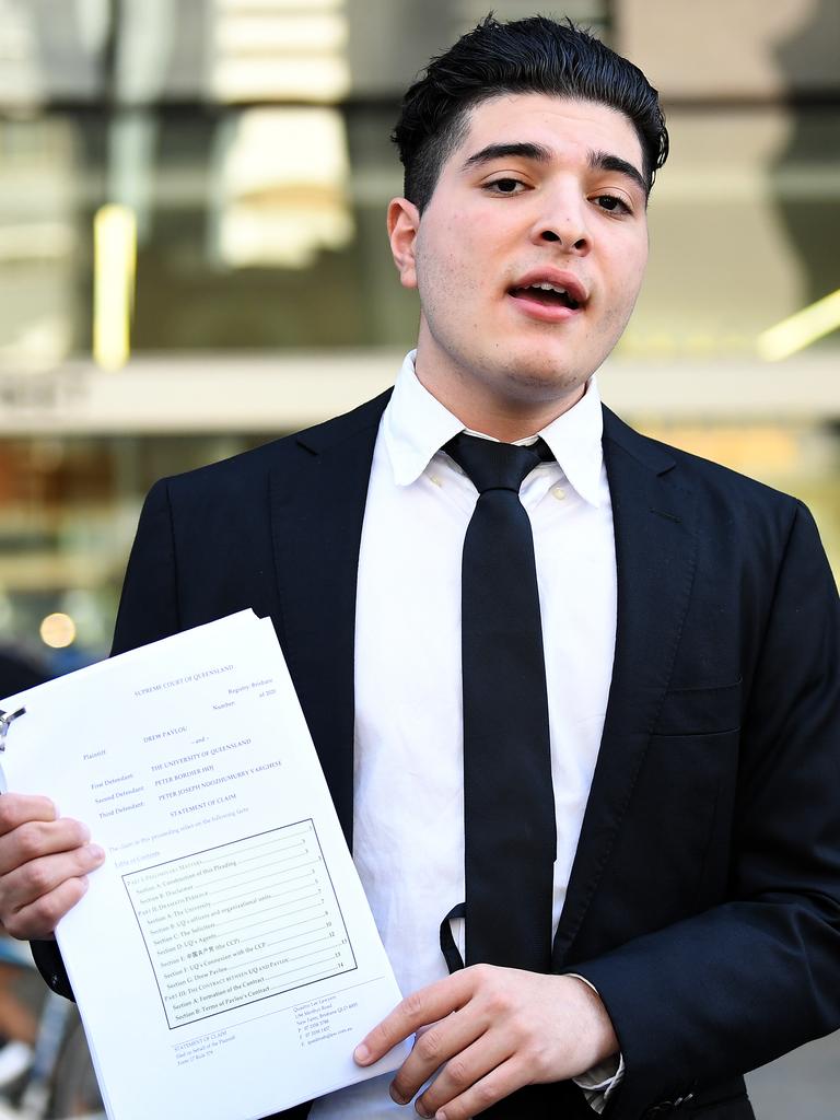 Drew Pavlou has filed a $3.5 million lawsuit against UQ and its leaders. Picture: AAP